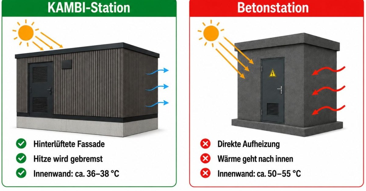 Vergleich sommerlicher Wärmeschutz: KAMBI-Station aus Holz vs. Betonstation